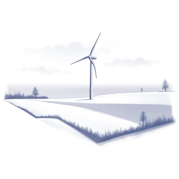 A snow-covered landscape stretching across the frame, with an even blanket of white snow covering the ground. In the center, a wind turbine stands tall, its blades extended and frozen in place, contrasting against the winter scene. The background features a crisp winter sky, with visible clouds creating a subtle texture. The snow glistens under the light, enhancing the serene quality of the environment. A few trees, bare of leaves, are scattered across the landscape, adding to the winter atmosphere.