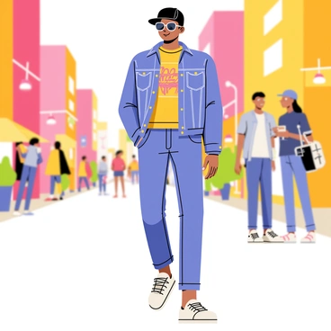 A young man with curly black hair is walking down a vibrant city street. He is wearing a stylish oversized denim jacket layered over a bright graphic t-shirt, paired with slim-fit joggers and sleek white sneakers. A pair of trendy sunglasses sits atop his head, and a black cap is tilted slightly to the side. The background features colorful storefronts and bustling pedestrians, emphasizing the lively atmosphere of the city. The man's confident posture and relaxed demeanor showcase his unique fashion sense.
