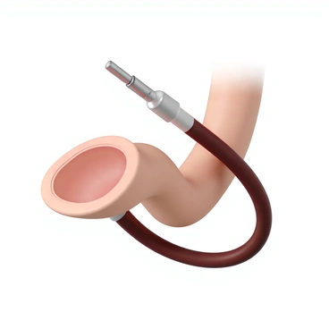 An endoscope with a slender, flexible tube is shown in action, navigating through the esophagus. The camera at the tip of the endoscope captures clear views of the surrounding tissue, revealing the smooth, pink lining of the esophagus. The walls of the esophagus appear slightly illuminated by the endoscope’s light source, highlighting the folds and textures of the tissue. The image showcases a dynamic perspective as the endoscope moves forward, providing a detailed examination of the internal structure.