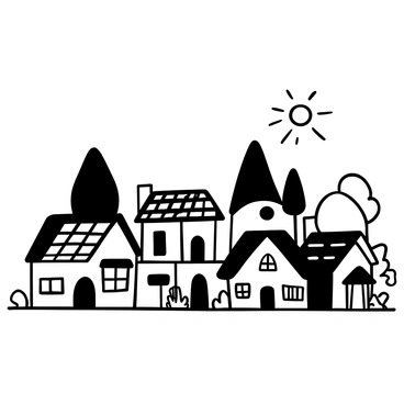 A detailed illustration of a community with various houses, each one adorned with solar panels on their roofs. A range of architectural styles can be seen among the houses, including single-story and multi-story designs. The houses are positioned close together, creating a sense of a lively neighborhood. There are small gardens in front of some houses, with shrubs and flowers arranged neatly. The sky above is filled with a bright sun, casting distinct shadows from the houses onto the ground. In the background, a few trees stand tall, adding to the greenery of the area.
