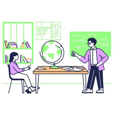 A tutor is standing at a large wooden table in a classroom. The tutor is wearing glasses and a button-up shirt, and is pointing at a globe that is positioned prominently on the table. Next to the globe, several maps are spread out, featuring different countries and continents. The walls of the classroom are lined with shelves filled with books and educational posters. A large window allows natural light to brighten the room. The student, sitting on a chair, looks engaged while taking notes. The classroom has a chalkboard in the background with some written notes and diagrams.