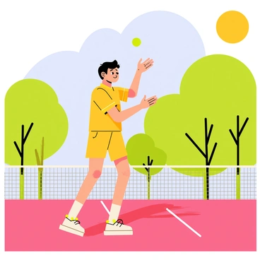 A tennis player in a bright yellow sports outfit is serving a white tennis ball. The player is positioned on a clay court surrounded by lush green trees that provide a vibrant backdrop. The sun is shining brightly in the clear blue sky, casting shadows on the court. There is a tennis net in the foreground, and the player’s focused expression is visible as they prepare to hit the ball.