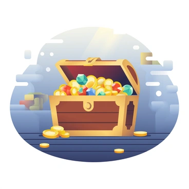A wooden treasure chest is positioned at the center, its lid ajar and overflowing with gold coins and sparkling jewels. The gold coins glimmer in the light, reflecting shades of yellow and orange, while the jewels are a mix of deep red rubies, bright blue sapphires, and emerald greens. Surrounding the chest, a few scattered coins have rolled onto the dark wooden floor. The scene is set against a backdrop of a softly illuminated cave, with stone walls and hints of treasure in the shadows.