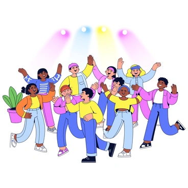 A vibrant dance party scene filled with diverse individuals, each expressing their unique gender identities. Colorful lights beam down from above, illuminating the joyful faces of the dancers. Some individuals wear bright, playful outfits, while others sport casual clothing. Their movements are energetic and carefree, with arms raised and feet tapping to the rhythm of the music. The background features a simple dance floor where people are dancing freely, surrounded by a few potted plants to enhance the festive atmosphere. 