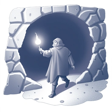 A hero wearing a rugged cloak stands at the entrance of a cave. The figure holds a lit torch in one hand, casting flickering shadows on the rocky walls. The cave entrance is wide and jagged, revealing a deep darkness beyond. The atmosphere is tense as the hero takes a cautious step forward, with one foot poised above the threshold. The surroundings are filled with rough, uneven terrain, and faint outlines of stalactites can be seen hanging from the cave ceiling. The hero's face shows determination mixed with a hint of apprehension as they prepare to enter the unknown.