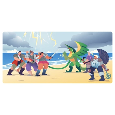 A sandy beach is the setting for a thrilling battle scene. On the left, a group of warriors dressed in ornate armor is clashing with one another. They are wielding swords and shields, with expressions of determination on their faces. To the right, a variety of magical creatures are engaged in the fight. One creature resembles a large, majestic dragon with shimmering scales, and another is a towering, ferocious griffin with wings spread wide. The waves in the background crash against the shore, sending sprays of water into the air. The sky above is filled with dark clouds, hinting at an impending storm as flashes of lightning illuminate the scene.