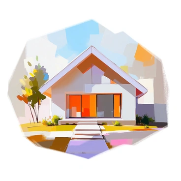 A house defined by simple geometric shapes, featuring a rectangular base and a triangular roof. The exterior is painted in a soft white color, with large rectangular windows that allow natural light to enter. The house is surrounded by minimal foliage, including a few slender trees and sparse grass that frame the structure neatly. A small path made of stone leads to the front door, creating a clear line of sight to the geometric design of the house.