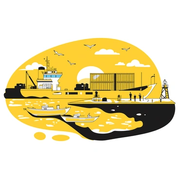 A harbor scene at sunset, featuring a ship docked at the pier with stacked yellow cargo containers. The sky is illuminated with a gradient of colors as the sun sets on the horizon. Reflections of the containers appear on the water's surface. Silhouettes of seagulls can be seen flying overhead. The dock is populated with a few people observing the view, and some small boats are tied up alongside the pier.