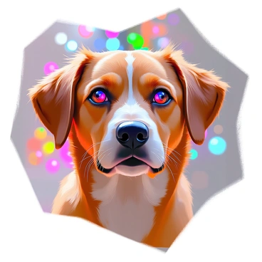 A close-up view of a dog's face focusing on its eyes, which are reflecting a multitude of colorful festive lights. The dog's fur is a rich brown, and it has an attentive expression. The background is softly blurred, enhancing the vibrant reds, greens, blues, and yellows of the holiday lights. The festive atmosphere is evident in the way the lights twinkle, creating a joyful ambiance around the dog's gaze.