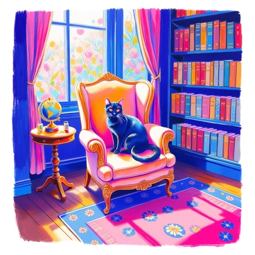 A black cat with bright red eyes is nestled comfortably in a Victorian library. The cat sits on a plush, ornate armchair with intricate patterns. Towering bookshelves filled with numerous leather-bound books surround the cat, creating a cozy and intellectual atmosphere. The rich wooden floor is partially covered by a colorful Persian rug. Soft, warm light filters through a nearby stained glass window, casting colorful patterns on the floor. An antique globe and a few decorative artifacts are positioned on a nearby table, adding to the charm of the setting.