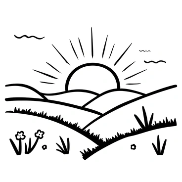 A black-and-white illustration of a sunrise, with rays of light radiating from the horizon. The rolling hills are depicted with varying heights and curves, creating a sense of depth. The foreground features detailed grass and scattered wildflowers. The sky above shows a gradient of shapes suggesting clouds, adding texture to the scene.