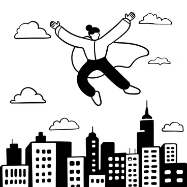 A figure resembling Kim Jong Un wearing a superhero outfit with a flowing cape, soaring above a city skyline filled with tall buildings. The figure is in a dynamic flying pose, with arms extended forward. Below, the city is depicted with numerous skyscrapers and a few clouds scattered in the sky. The scene conveys a sense of power and motion, with the figure casting a shadow over the rooftops below.