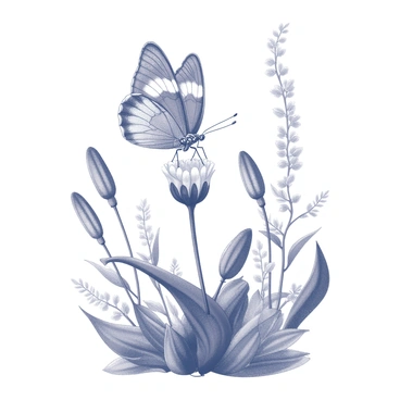 A butterfly with detailed wing patterns is resting on a flower bud. The flower bud is in an upright position, showcasing its delicate petals. Surrounding the butterfly and the bud, there are various plants and leaves, creating an impression of a lush garden. The scene is filled with intricate textures and shapes of foliage, providing a natural setting for the butterfly to perch.