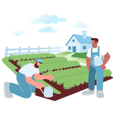 Two farmers are tending to rows of green crops in a sunlit field. One farmer is kneeling down, carefully inspecting the plants, while the other farmer stands nearby, holding a watering can. In the background, there is a rustic farmhouse with a sloped roof and a chimney, surrounded by a white picket fence. The sky above is clear with a few fluffy white clouds, and the sunlight casts soft shadows on the ground.