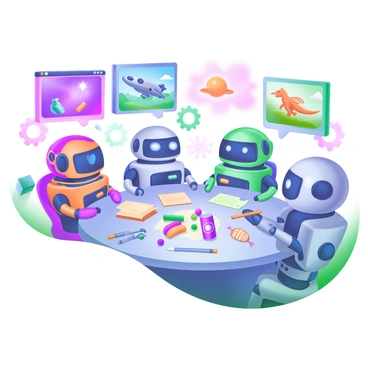 A whimsical setting featuring several robots gathered around a large, round table. Each robot has a distinct design, with colorful metallic bodies and expressive digital faces. They are engaged in animated conversation, with thought bubbles above their heads displaying images of fantastical movie ideas, such as a spaceship flying through a candy-colored galaxy and a dragon dancing in a bright meadow. The table is scattered with various tools like pencils and notepads, alongside vibrant snacks like candy and soda cans. The background has a playful array of gears and screens showing snippets of animated scenes.