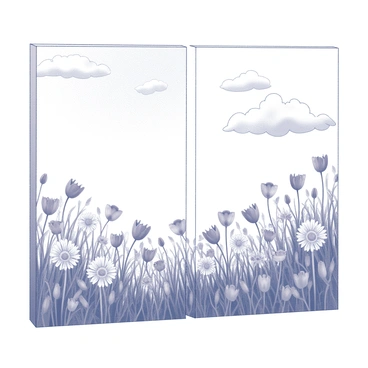 An illustration board divided into two halves. One half depicts a spring meadow filled with various flowers, including daisies and tulips, in full bloom. The grass is lush and abundant, creating a textured ground. The sky above the meadow is clear, with a few fluffy clouds scattered throughout.