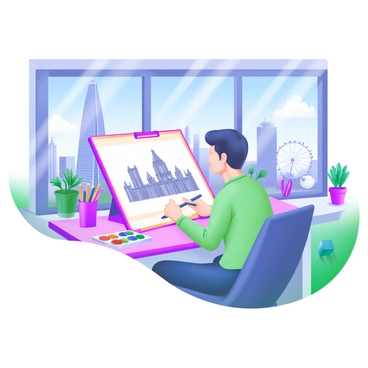 An illustrator sitting at a desk with a sketchbook, drawing the "London skyline". The skyline features iconic buildings such as "The Shard", "St. Paul's Cathedral", and "The London Eye". The illustrator is surrounded by art supplies, including pencils, pens, and watercolor paints. Outside the window, the cityscape is visible with a clear blue sky. The rooftop office has large windows, giving a panoramic view of the skyline, and a few potted plants add a touch of greenery to the workspace.