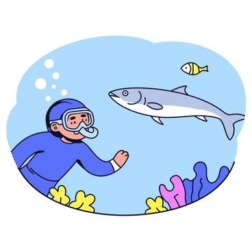 A snorkeler wearing a blue wetsuit and a transparent mask is submerged in clear turquoise water. The snorkeler has a look of amazement on their face as they observe a large silver tarpon swimming gracefully nearby. The tarpon has elongated, streamlined body and shines in the sunlight filtering down from above. Around the snorkeler and tarpon are colorful coral formations and a few small fish swimming in the background. Bubbles rise from the snorkeler's mouthpiece, adding to the underwater scene.