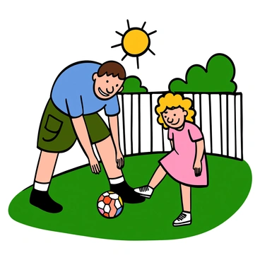 A big brother with light skin and short brown hair is helping his little sister, who has light skin and curly blonde hair, to kick a soccer ball in a grassy backyard. The brother is bending forward slightly with a supportive smile, wearing a blue t-shirt and cargo shorts. The little sister is standing beside him, excitedly preparing to kick the ball, wearing a pink dress and white sneakers. There is a colorful soccer ball on the ground between them, and a white picket fence is visible in the background, along with a few trees and sunny skies.