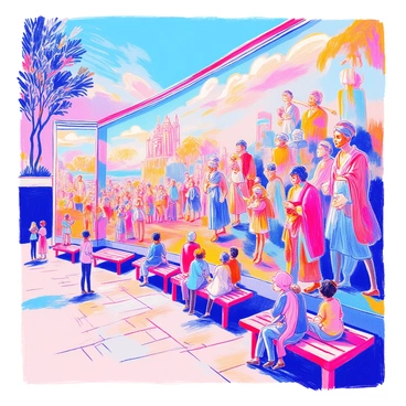 A large wall features a series of AI-generated murals that depict various scenes from history. The murals showcase significant events, including battles, discoveries, and cultural moments. Each mural is richly detailed, portraying figures in historical attire engaged in activities representative of their time. The colors are vibrant, highlighting the dynamic interactions and emotions of the individuals depicted. Surrounding the wall, there are benches for viewers to sit and appreciate the artwork. The atmosphere is lively, with people of different ages examining the murals closely.