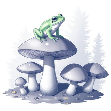 A tree frog is perched on a large, vibrant toadstool. The frog's body is green, blending with the surrounding foliage of the woods. Several toadstools are clustered nearby, each with unique shapes and sizes. Some toadstools have round caps, while others are more conical. The ground is littered with fallen leaves and small twigs, creating a textured earthy backdrop. Sunlight filters through the canopy above, casting dappled shadows on the scene. The tree frog appears curious, with its head slightly tilted as it examines the toadstools.