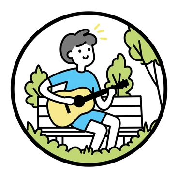 A round frame encases a person playing a guitar in a park. The person, with short brown hair, is seated on a wooden bench. They are wearing a light blue t-shirt and denim shorts. The guitar is an acoustic style, resting comfortably on their lap. Surrounding the person are green grass and a variety of trees in the background. Sunlight filters through the leaves, casting gentle shadows on the ground.