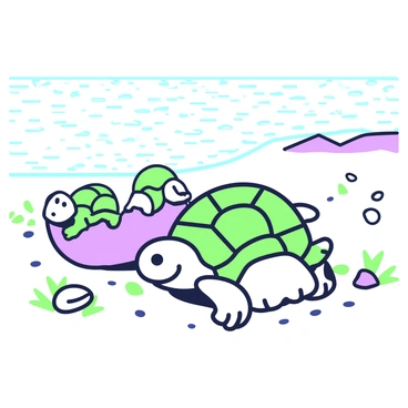 Baby turtles hatching from eggs and making their first journey to the sea