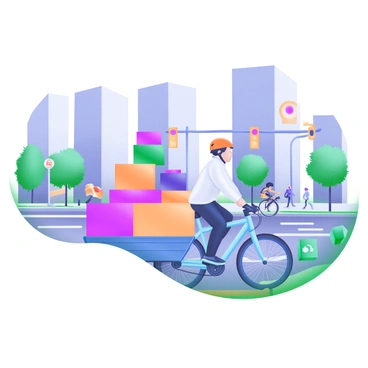 A cyclist riding a cargo bike filled with parcels in a busy urban environment
