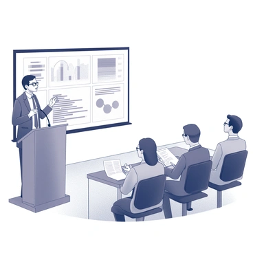 A neurologist stands confidently at a podium with a microphone, engaged in presenting research on Huntington's disease. The speaker is wearing a professional outfit, consisting of a tailored suit and glasses, while gesturing with one hand to emphasize key points. Behind the neurologist, a large screen displays detailed graphs and charts illustrating the research findings. In the audience, a diverse group of medical professionals listens intently, some taking notes, while others are focused on the presentation. The conference room is well-lit with a modern design, featuring rows of chairs and a polished floor.