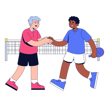 Two pickleball players are shaking hands in a friendly manner. Both players have bright, cheerful smiles on their faces, showcasing sportsmanship after a close match. One player is wearing a red shirt and black shorts, while the other is dressed in a blue shirt and white shorts. They stand on a pickleball court, with a net in the background and a couple of paddles resting on the ground nearby.