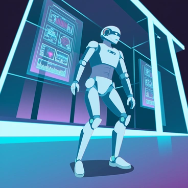 A robotic AI agent with sleek metallic surfaces and glowing blue accents is patrolling the interior of a high-tech futuristic building at night. Its body features articulated limbs and advanced sensors, while its head has a smooth dome with a single illuminated visor scanning the environment. The building's architecture is characterized by angular lines, glass walls, and ambient lighting that creates a dramatic atmosphere. The floor is polished and reflects the ambient lights, while large holographic control panels display data and security information throughout the space. Shadows stretch across the area as the AI moves methodically, ensuring the safety of the building.