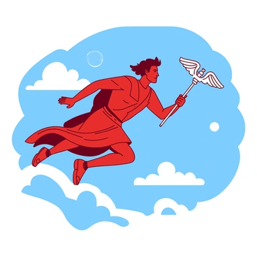 A red figure of Hermes, the messenger god, is flying swiftly across a blue sky filled with soft, white clouds. He is wearing a flowing tunic that flutters in the wind. His winged sandals are clearly visible and are helping him propel through the air with great speed. In his right hand, he holds a silver caduceus adorned with two small wings at the top, symbolizing his role as a messenger. The sun is shining brightly in the background, casting a warm glow on his figure as he soars above the landscape below.