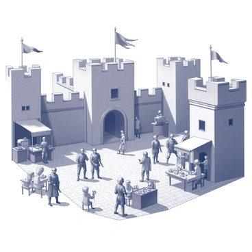 A medieval castle courtyard bustling with activity. The ground is paved with cobblestones, and large stone walls surround the area. Knights in ornate armor are mingling, some talking amongst themselves while others are examining their weapons. Nearby, merchants with stalls display wares such as fabrics, pottery, and food items. The merchants are engaged with customers, showcasing their products. Flags and banners hang from the castle walls, fluttering in the breeze. A group of children can be seen playing near the entrance, while a woodworker is busy crafting items at a workbench. The atmosphere is lively, with the sounds of conversation and laughter filling the air.