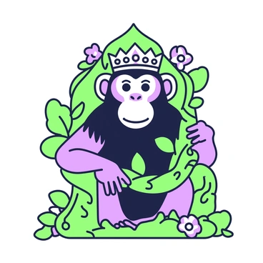 A regal monkey face with expressive eyes and detailed features is wearing a crown adorned with intricate patterns. The monkey is seated on a throne constructed from thick jungle vines intertwined with large leaves and blooming flowers. The throne has a distinct shape, evoking the look of ancient royal seats, emphasizing its grandeur. Surrounding the throne, there are hints of a lush jungle environment, including various shades of leaves and creeping plants that enhance the overall setting.