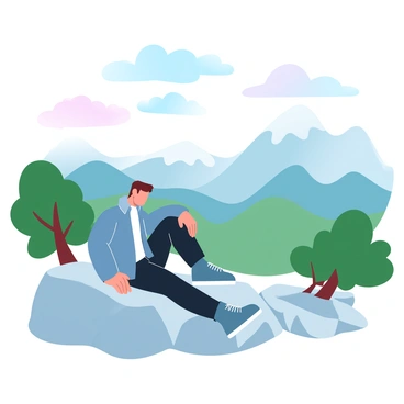 Ayanokoji is depicted sitting on a large, rugged rock. He is wearing a casual outfit consisting of a fitted jacket and dark pants. His posture is relaxed as he leans slightly forward, taking in the expansive mountain view. The mountains in the background are majestic, with varying shades of green, blue, and gray, suggesting a clear day. The sky above is painted in soft gradient pastel colors, blending from light blue to gentle pink. Lush trees are scattered around the rocky area, adding to the natural scenery. A few clouds float lazily in the sky, completing this tranquil outdoor setting.