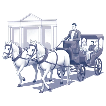 A groom is sitting in an ornate carriage, which is intricately decorated with floral arrangements and ribbons. The carriage is being pulled by two white horses, adorned with elegant harnesses that match the theme of the occasion. The scene captures the groom's expression, which shows excitement as he approaches the entrance of the venue. Surrounding the area are guests, dressed in formal attire, all turning to witness this moment. The venue itself is grand, with tall pillars and an arched entryway, creating a regal backdrop for the arrival.