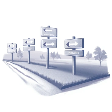 A row of concrete road signs in a rural setting. Each sign features directional arrows pointing towards various destinations, with clear text indicating the names of the locations. The signs are weathered, showing signs of wear and tear, with some covered in moss or grass. The background consists of a grassy field with occasional trees dotting the landscape, creating an atmosphere of tranquility. The ground has a dirt path leading away from the signs, suggesting a journey ahead.