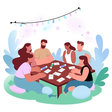 A collection of friends is gathered around a wooden table adorned with colorful loto cards and markers. Soft "fairy lights" are strung overhead, illuminating the scene with a warm glow. The night sky is filled with "twinkling stars," casting a magical ambiance. Lush greenery surrounds the area, and a few cushions are scattered on the grass for comfort. Some friends are leaning in closely, focused on the game, while others are laughing and enjoying the atmosphere.