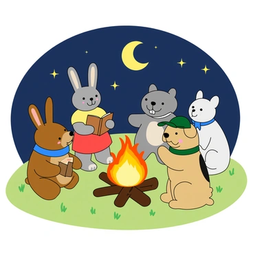 A group of six Maileg animals are arranged in a circle around a small campfire with warm, flickering flames. There is a brown rabbit wearing a blue scarf, a grey mouse with a yellow shirt, a pink bear holding a tiny book, a white rabbit in a red dress, a grey cat sporting a green cap, and a beige dog with a blue bandana. Each animal has an animated expression, fully engaged in sharing stories. Above them, a bright crescent moon shines in a dark blue sky filled with twinkling stars. The ground is covered in soft grass, and the campfire casts a cozy glow on their faces, enhancing the warm atmosphere of the gathering.