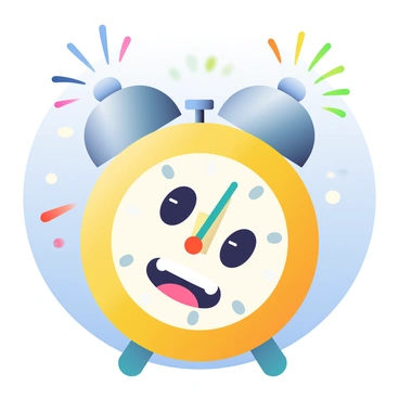 A cartoonish alarm clock with a bright yellow body is centered in the image. The clock has wide, expressive eyes showing surprise, and a large, smiling mouth. On top, there are two shiny silver bells that are ringing, creating motion lines to indicate sound. The clock face is white with bold, black numbers and colorful hour and minute hands pointing at 7:00. Around the clock, there are various colorful sound waves emanating from the bells, enhancing the playful atmosphere. The background is a soft gradient of light blue and white, emphasizing the clock's cheerful design.