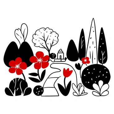 A black and white illustration of a garden filled with various types of "red flowers" prominently displayed. The flowers are surrounding a small stone path that leads through the garden. In the background, there are gently curved bushes and a few tall trees with textured trunks. A decorative stone statue is placed near the center of the garden, adding a focal point to the composition. The scene is filled with shadows and light patterns created by the interplay of the foliage.