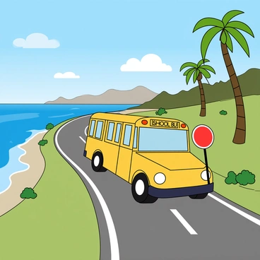A small yellow school bus is driving along a winding coastal road. The bus has large windows and a bright red stop sign extended on the right side. The ocean is visible on the left, with gentle waves lapping against the shore. The sky is a clear blue, dotted with fluffy white clouds. Along the road, there are green shrubs and palm trees swaying slightly in a light breeze. In the background, there are distant mountains rising majestically above the coastline.