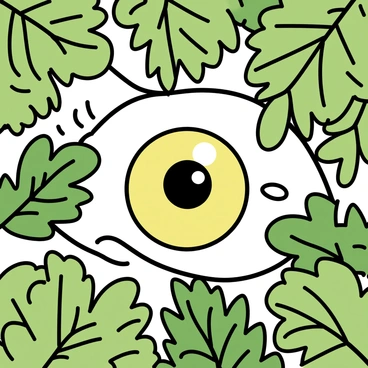 An eye, large and detailed, is partially obscured by lush green leaves in a dense forest. The eye is bright and expressive, conveying a sense of curiosity as it peers through the gaps in the foliage. Various shades of green surround the eye, with intricate patterns of leaves and branches creating a natural frame. Soft, dappled light filters through the canopy above, highlighting the texture of the leaves and the vivid colors of the eye.