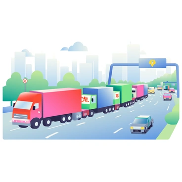 A convoy of several large transport trucks is moving in a line on a busy highway. The trucks are varied in color, with one being bright red, another blue, and a third green. Each truck has a large trailer attached and displays company logos on their sides. The highway is bustling with activity, featuring multiple lanes filled with cars and a clear sky overhead. In the background, tall buildings and trees line the edges of the highway, providing a sense of an urban environment. Traffic signs can be seen along the side of the road, adding to the scene's realism.