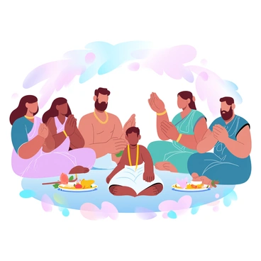 A traditional Upanayanam ceremony is taking place in a vibrant setting. In the center, a young boy is seated, wearing a traditional dhoti and a sacred thread, symbolizing the ceremony. Surrounding him are family members dressed in colorful ethnic attire, including sarees for women and kurtas for men, showcasing intricate patterns and rich fabrics. There are decorative elements like a beautifully arranged altar with flowers, fruits, and ceremonial items. The scene is filled with joyful expressions as family members participate in rituals, some holding lamps and others offering prayers. A colorful backdrop enhances the festive atmosphere.