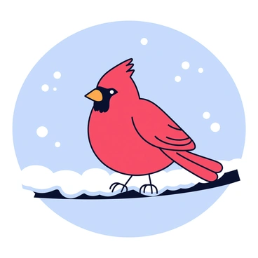 A vibrant red cardinal is perched on a snowy branch. The cardinal has a distinct crest on its head and a sharp black mask around its beak. The branch is covered with a thick layer of white snow, contrasting against the bird's bright plumage. In the background, soft white flakes are gently falling from a gray sky.