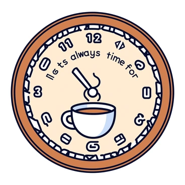 A round clock made entirely of coffee beans arranged closely together. The clock has a wooden frame that encircles the beans. The clock face features white hour markers positioned around the edge. The hour and minute hands are shaped like tiny coffee cups, pointing to the numbers. At the center of the clock, there is a steaming cup of coffee, reinforcing the theme. Above the clock, the text "It's always time for coffee" is integrated into the design.