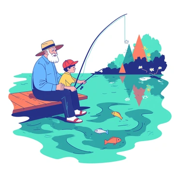 A blue grandfather with a white beard is sitting on a wooden dock, holding a fishing rod in his right hand. Next to him, a small yellow boy is eagerly watching the water, holding onto his own fishing rod. The lake is vibrant, with swirling patterns of teal and orange hues, reflecting the playful colors of nearby trees and flowers. The grandfather is wearing a straw hat, and the grandson has a bright red cap. Both are smiling as they share this special moment, with a few colorful fish jumping playfully around them.