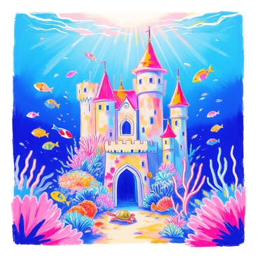A majestic castle rests on the ocean floor, its tall spires and intricate stonework visible through the clear blue water. The walls of the castle are adorned with coral and barnacles, showcasing the passage of time beneath the waves. Surrounding the castle are various sea creatures, including colorful fish swimming gracefully, a curious octopus exploring the castle's entrance, and a gentle sea turtle gliding by. Schools of shimmering fish dart in and out of the castle's archways, adding vibrant bursts of color to the scene. Sunlight filters down from the surface, illuminating the underwater world and creating a magical atmosphere around the castle.