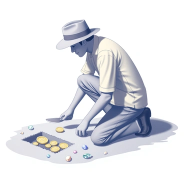 An archaeologist kneels on a sandy excavation site. The archaeologist is dressed in a beige shirt and a wide-brimmed hat, focused on the task at hand. In front of them, a small section of the sand has been carefully excavated, revealing a collection of "gleaming gold coins" and various "jewels" scattered around. The coins exhibit intricate designs, and the jewels feature various cuts and shapes, glinting in the ambient light. A trowel rests nearby, indicating the archaeologist's methodical approach to uncovering the buried treasure. The surrounding sand is slightly disturbed, showcasing the effort involved in the discovery.